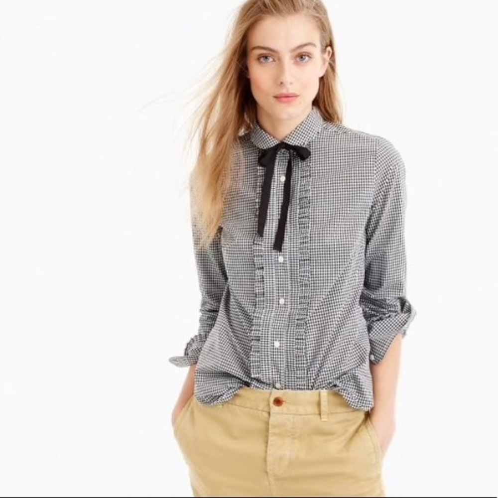 J. Crew Gingham Button Up Blouse with Tie